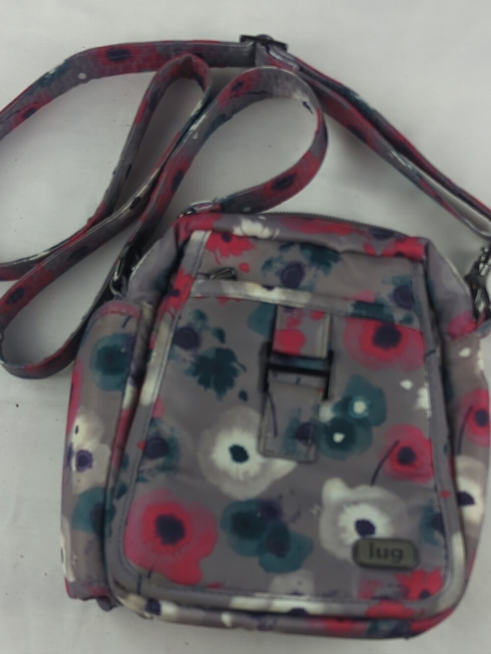 lug Floral Print Crossbody Bag - Gray with Pink & Teal Accents